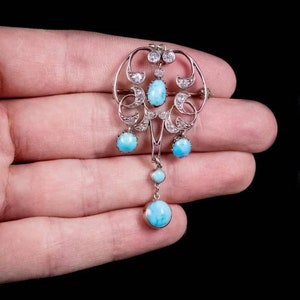 0.80Ct Rose Cut Diamond And turquoise Brooch - Diamond Brooch - 925 Sterling Silver Brooch -Diamond Brooch