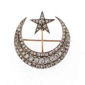 Crescent Moon Star Brooch,Rosecut Diamond Brooch Silver Purity 92.5, Handmade Brooch