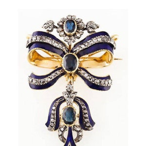 Antique Victorian Rose cut Diamond And Blue Sapphire Enamel Silver Brooch , 2.98ct Diamond,  Silver Purity 92.5 ,Handmade Enamel Brooch