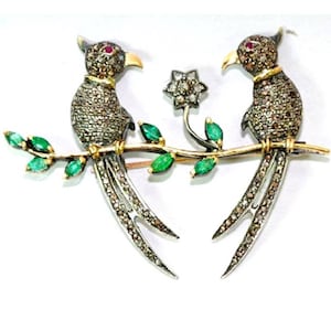 Rose Cut Real Diamond Bird Brooch - 925 Sterling Silver Gold Plated - Vintage Inspire Wedding Party Emerald Men Women Bird Pair Brooch Pin