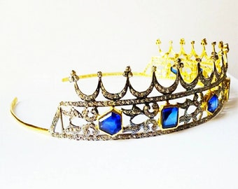 Victorian Rose Cut Diamond Tiaras, 9.80ct Diamond "Blue Sapphire " Silver Purity 92.5 ,Handmade Tiaras/Crown