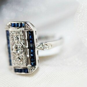 American Diamond Ring, 2.51ct Diamond,  Blue Sapphire, Silver Purity 92.5 ,Handmade Ring