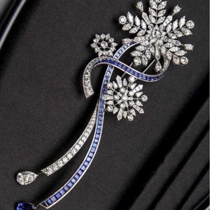 Victorian American Diamond And Blue Sapphire  Silver Brooch, Silver Purity 92.5,Handmade Brooch /Stylish Silver brooch