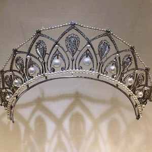 Diamante antiguo Rosecut, 12.08ct perlas de plata de ley vintage TIARA CROWN / bodas tiaras