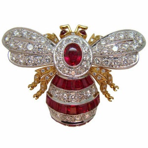 Victorian Rose Cut Diamond Bee Brooch 3.54ct Diamond, Ruby, Silver Purity 92.5 ,Handmade Brooch/ Pendent