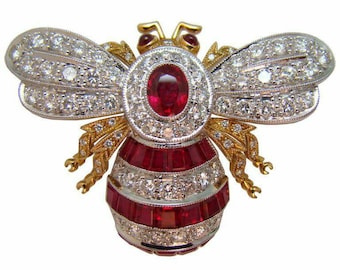 Victorian Rose Cut Diamond Bee Brooch 3.54ct Diamond, Ruby, Silver Purity 92.5 ,Handmade Brooch/ Pendent