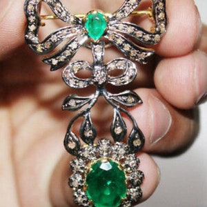 Antique Victorian Rose cut Diamond And Emerald Silver Brooch, 2.65ct Diamond,  Silver Purity 92.5 ,Handmade Emerald Brooch