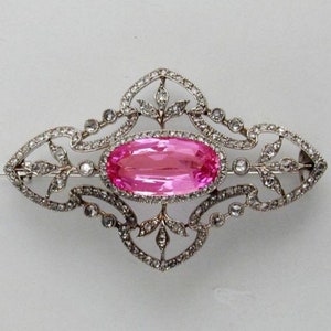 Antique Victorian Rose cut Diamond And Pink Topaz Silver Brooch , 3.52ct Diamond,  Silver Purity 92.5 ,Handmade Brooch