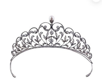 Victoriaanse roosgeslepen diamanten pareltiara, sterlingzilveren huwelijkskroon