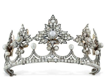 Victorian Rose Cut Diamond And Pearl Tiaras, 15.12ct Diamond,  silver purity 92.5 ,Handmade Tiaras/Crown