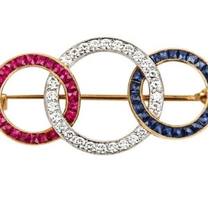 Victorian American Diamond And Blue Sapphire And Ruby Silver Brooch, Silver Purity 92.5,Handmade Brooch