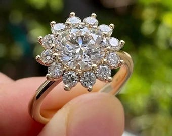 Round Zircon Floral Ring, 925 Sterling Silver Cluster Ring, Sparkling Flower Engagement Ring, Bridal Statement Ring, Gift for Her