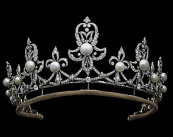 Victoriaanse roosgeslepen diamanten pareltiara, sterlingzilveren huwelijkskroon