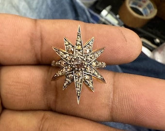 Victorian Starburst Ring, 1.85ct Rosecut Diamond, Silver Purity 92.5 ,Handmade Crescent Ring
