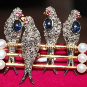 Antique Rose Cut Diamond Pearl Ruby,and Blue Sapphire Bird Brooch - 925 Sterling Birds Brooch