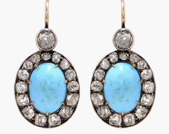 Victorian Rose cut Diamond And Turquoise Earing, 1.15ct Diamond, Silver Purity 92.5 ,Handmade Earing