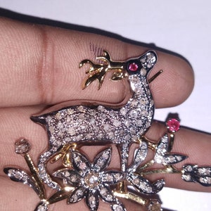 Rose Cut Diamond Deer And Flower Brooch,  3.35ct Diamond,Ruby , Silver Purity 92.5 ,Handmade Christmas Brooch/ Pendent