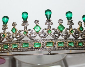 Rose geslepen diamant smaragd tiarakroon, handgemaakte sterlingzilveren bruidszendspoel
