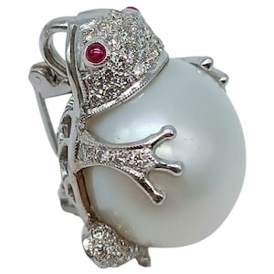 American Diamond ,Pearl and Ruby frog brooch  , Silver Purity 92.5 ,Handmade Brooch /Zircon frog