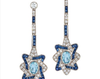 Hermosos pendientes de diamantes americanos de aguamarina y zafiro azul, pureza de plata 92,5, pendientes de boda hechos a mano con circonitas