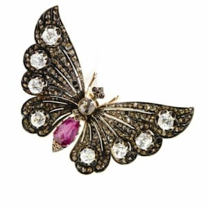 Viktorianischer Rosenschliff Diamant fliegt 2,24ct Diamant, Rubin, Silberreinheit 92,5,Handgemachte Brosche