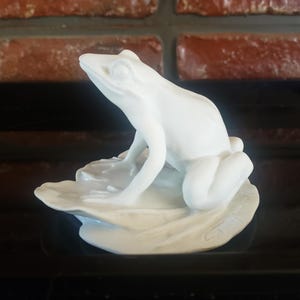 May include: White porcelain figurine of a frog sitting on a leaf. The frog is detailed with realistic features and a smooth, glossy finish.