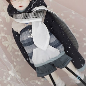 May include: A doll wearing a blue and white plaid shirt, a white hooded sweater with a black and white checkered scarf, and blue shorts with black suspenders.
