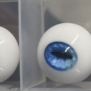 May include: A pair of blue and white doll eyes with a white sclera and a blue iris. The eyes are displayed in a clear plastic container.