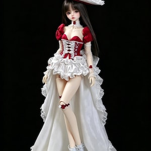 May include: A doll in a red and white dress, hat, and white boots, set against a black backdrop. The doll has long black hair. The dress has a corset-style bodice and a ruffled skirt. The hat is white with red accents.