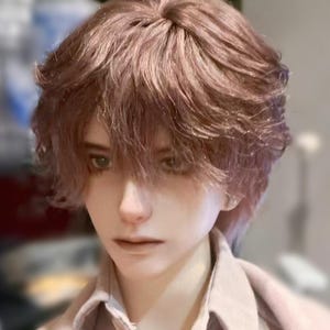 May include: A doll with a pale complexion and light brown hair styled in a layered, textured cut. The doll features dark, defined eyes, a small nose, and neutral-toned lips, wearing a light-colored collared shirt with visible stitching details.