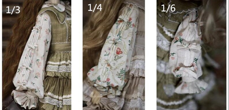 May include: Close-up of three doll sleeves with different lengths. The sleeves are made of white fabric with a floral print and have ruffles at the cuffs. The sleeves are labeled 1/3, 1/4, and 1/6.