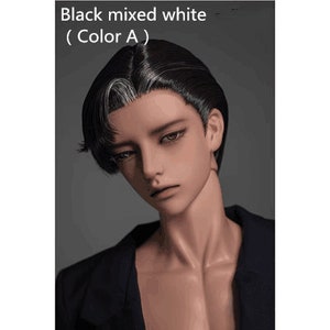 May include: A doll with black and white hair, wearing a black jacket. The doll has a neutral expression and is looking down. The text "Black mixed white (Color A)" is visible at the top of the image.