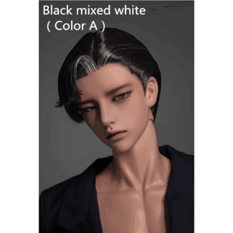 May include: A doll with black and white hair, wearing a black jacket. The doll has a neutral expression and is looking down. The text "Black mixed white (Color A)" is visible at the top of the image.
