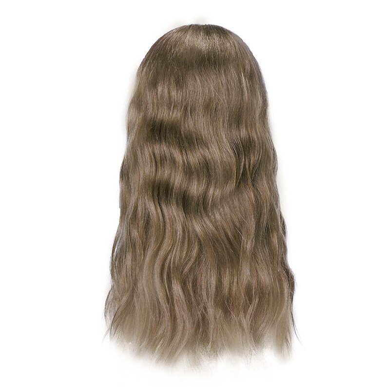 May include: A long, wavy wig featuring light brown hair with subtle ash-toned highlights. The hair is styled with a center part and loose, flowing waves that extend down to the mid-back area, creating a natural and voluminous appearance.