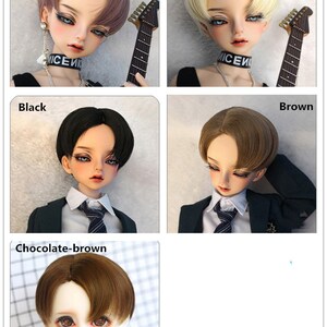 May include: Five different colored wigs for dolls. The wigs are in the colors purple, light gold, black, brown, and chocolate brown. The wigs are styled in a short, layered, and slightly rounded shape.