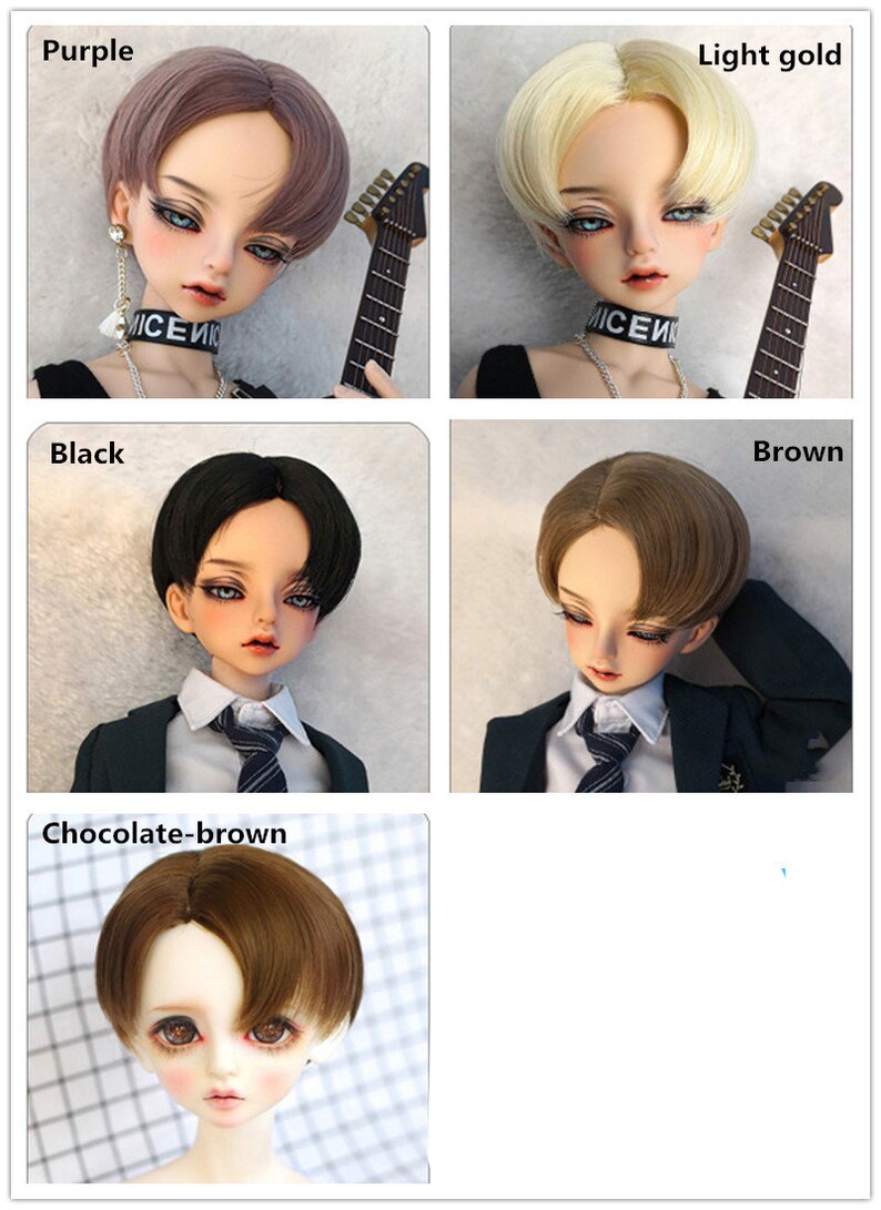 May include: Five different colored wigs for dolls. The wigs are in the colors purple, light gold, black, brown, and chocolate brown. The wigs are styled in a short, layered, and slightly rounded shape.