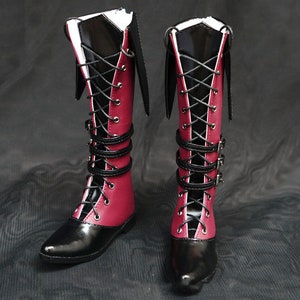 May include: A pair of black and burgundy knee-high boots with lace-up fronts and buckle straps.