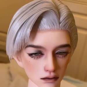 May include: A doll head with a short, silver-grey wig styled in a side part. The doll has realistic features, including green eyes and a neutral expression.