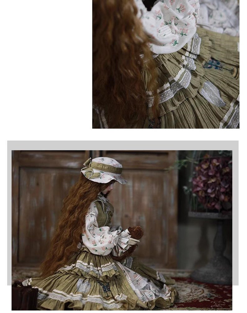 May include: A doll wearing a green and white dress with floral print and a green hat. The doll is holding a brown teddy bear. The doll is sitting on a brown rug.