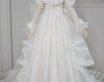 1/4 Bjd Clothes Classical White Wedding Dress High-neck Puff Sleeves Doll Outfits Msd Mdd