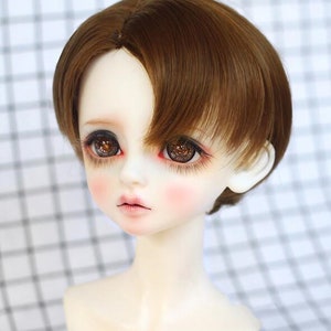 May include: A brown wig with a side part and short bangs. The wig is styled in a boyish cut and is made of synthetic hair.