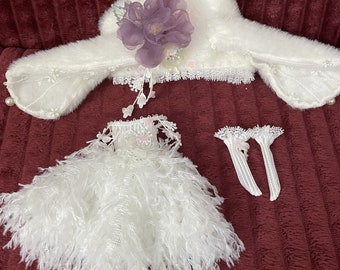 Vestido de muñeca blanco Kawaii 1/6 BJD ropa de muñeca Outift para muñecas Ob24/Yosd, falda de plumas de ropa de muñeca Bjd de moda incluye vestido y sombrero de conejito