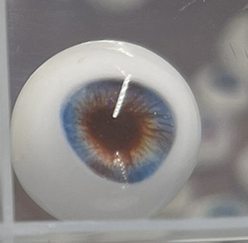 May include: A pair of blue and brown glass doll eyes with a white sclera.