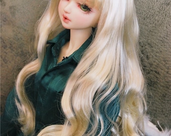 May include: A long, wavy, blonde doll wig with bangs. The wig is styled in loose waves and has a natural-looking finish.