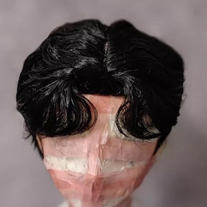 May include: A black wig with a short, wavy style. The wig is designed to cover the top of the head and has a lace front.