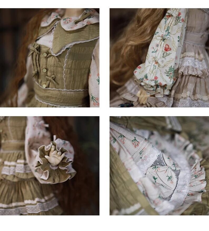 May include: A doll wearing a green and white dress with floral print and lace trim. The dress has a ruffled skirt and a fitted bodice with a lace collar. The doll has long brown hair.