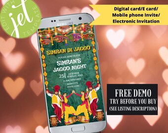May include: A digital invitation for a Simran's Jaggo Night event. The invitation features a green background with a colorful design of a traditional Indian dance performance. The text on the invitation reads "Simran Di Jaggo" and "Simran's Jaggo Night". The date and time of the event are listed as "October 25, Sunday, 2022, 11 AM onwards". The location is listed as "Main City, State 12345".