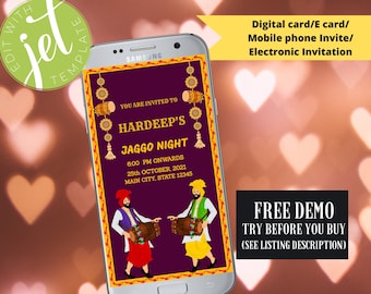 May include: A digital invitation for a Jaggo Night event. The invitation features a purple background with a yellow border and a picture of two men playing drums. The text on the invitation reads "You are invited to Hardeep's Jaggo Night 6:00 PM onwards 25th October, 2021 Main City, State 12345".