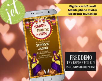 May include: A digital invitation for a wedding celebration. The invitation is displayed on a smartphone screen and features a colorful design with a couple dancing in traditional attire. The text on the invitation reads "Sadde Munde Da Viah" and includes the names "Sunny's Jaggo" and the date "October 18, 2022".