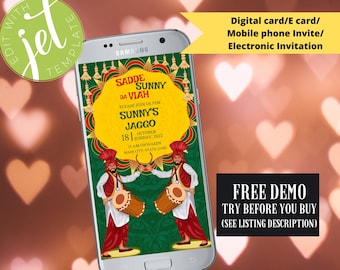 May include: A digital invitation for a wedding celebration. The invitation features a green background with a yellow circle in the center. The text "SADDE SUNNY DA VIAH" is written in the circle. The invitation also features two men playing drums. The text "FREE DEMO TRY BEFORE YOU BUY (SEE LISTING DESCRIPTION)" is written at the bottom of the invitation.